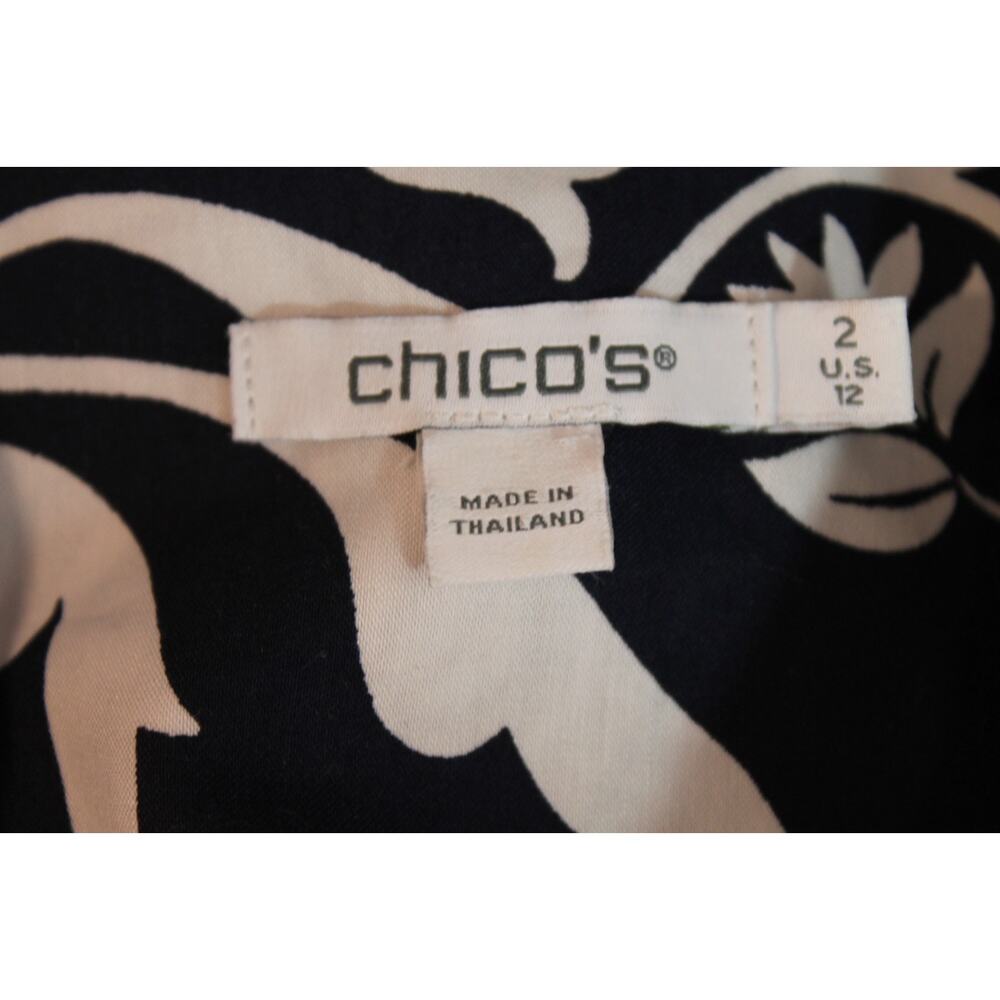 Chico's Cotton No Iron Top Womens size 12 Navy White Cuff 3/4 Sleeve Button Up - Picture 6 of 7